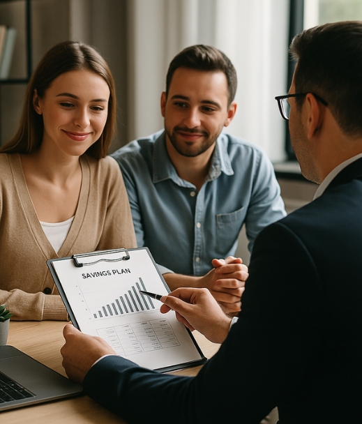 Asesor financiero conversando con una pareja mientras sostiene un documento con el texto “Savings Plan” y gráficas, simbolizando una planificación del ahorro transparente y colaborativa.