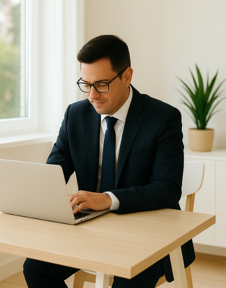 Asesor financiero concentrado trabajando en su portátil en una oficina luminosa, simbolizando dedicación y compromiso con sus clientes.
