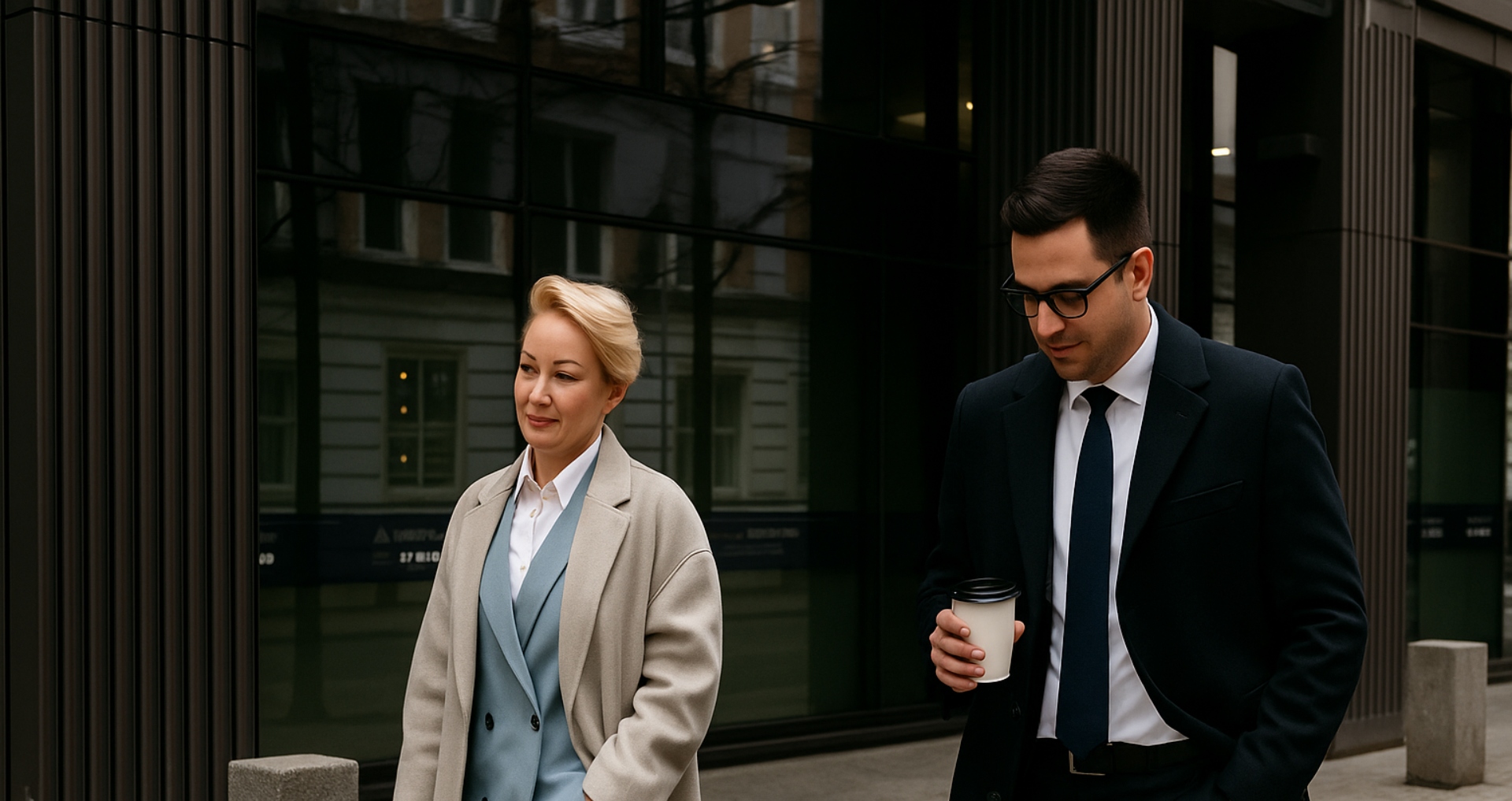 Asesor financiero caminando junto a una clienta por un entorno urbano, símbolo de acompañamiento y cercanía profesional.